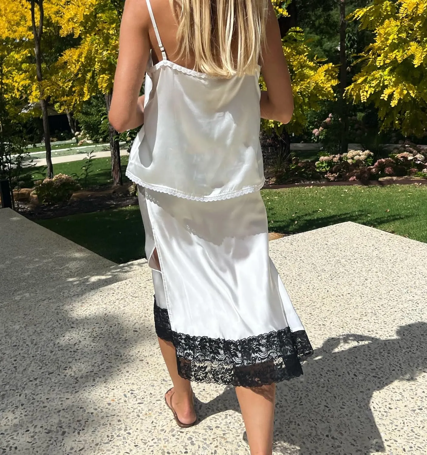 Aonoapll Women Half Slip for Under Dress Lace Trim Satin Long Skirt Elastic Waist Silky Lace Underskirt Streetwear