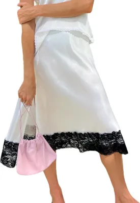 Aonoapll Women Half Slip for Under Dress Lace Trim Satin Long Skirt Elastic Waist Silky Lace Underskirt Streetwear