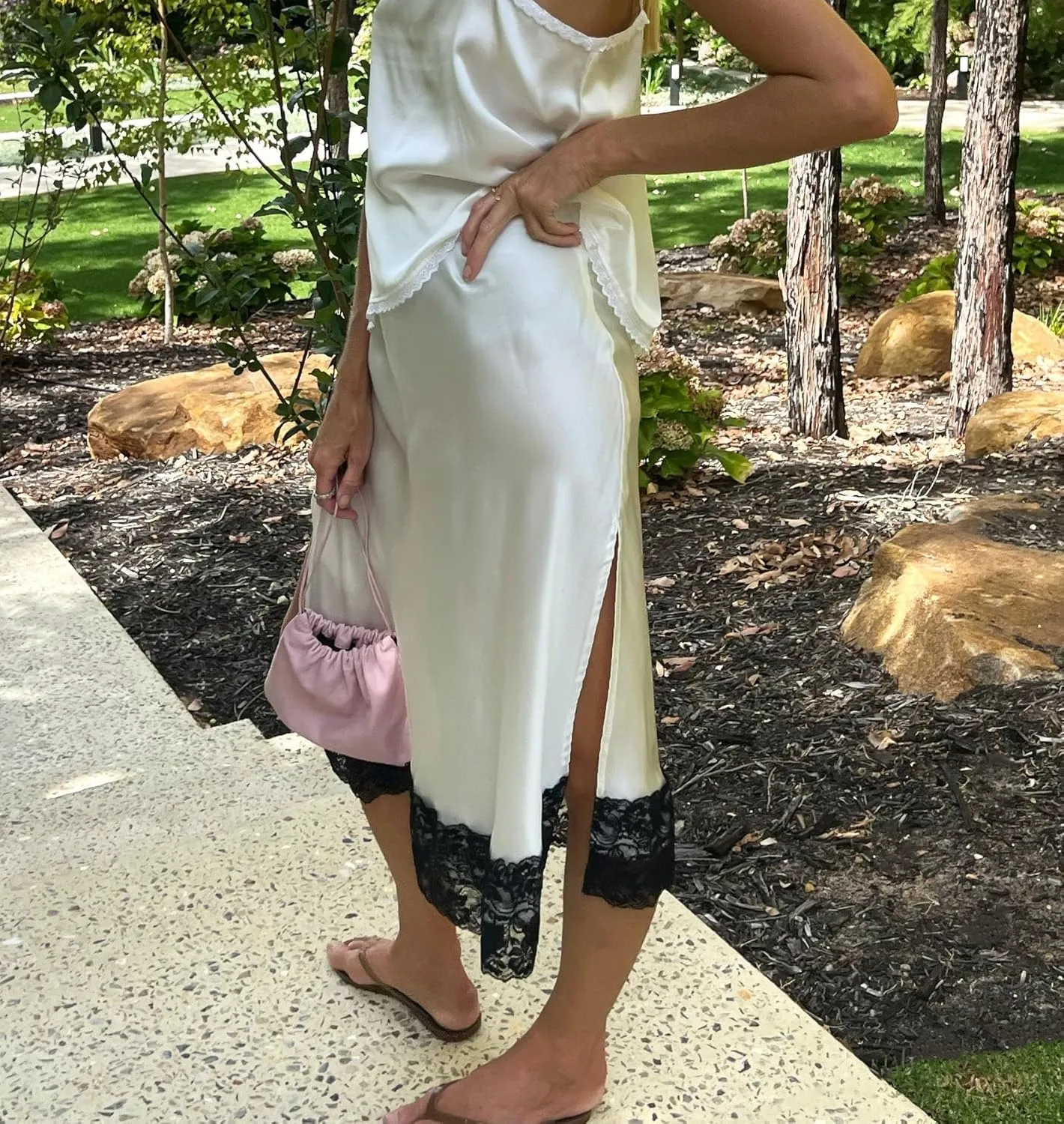 Aonoapll Women Half Slip for Under Dress Lace Trim Satin Long Skirt Elastic Waist Silky Lace Underskirt Streetwear