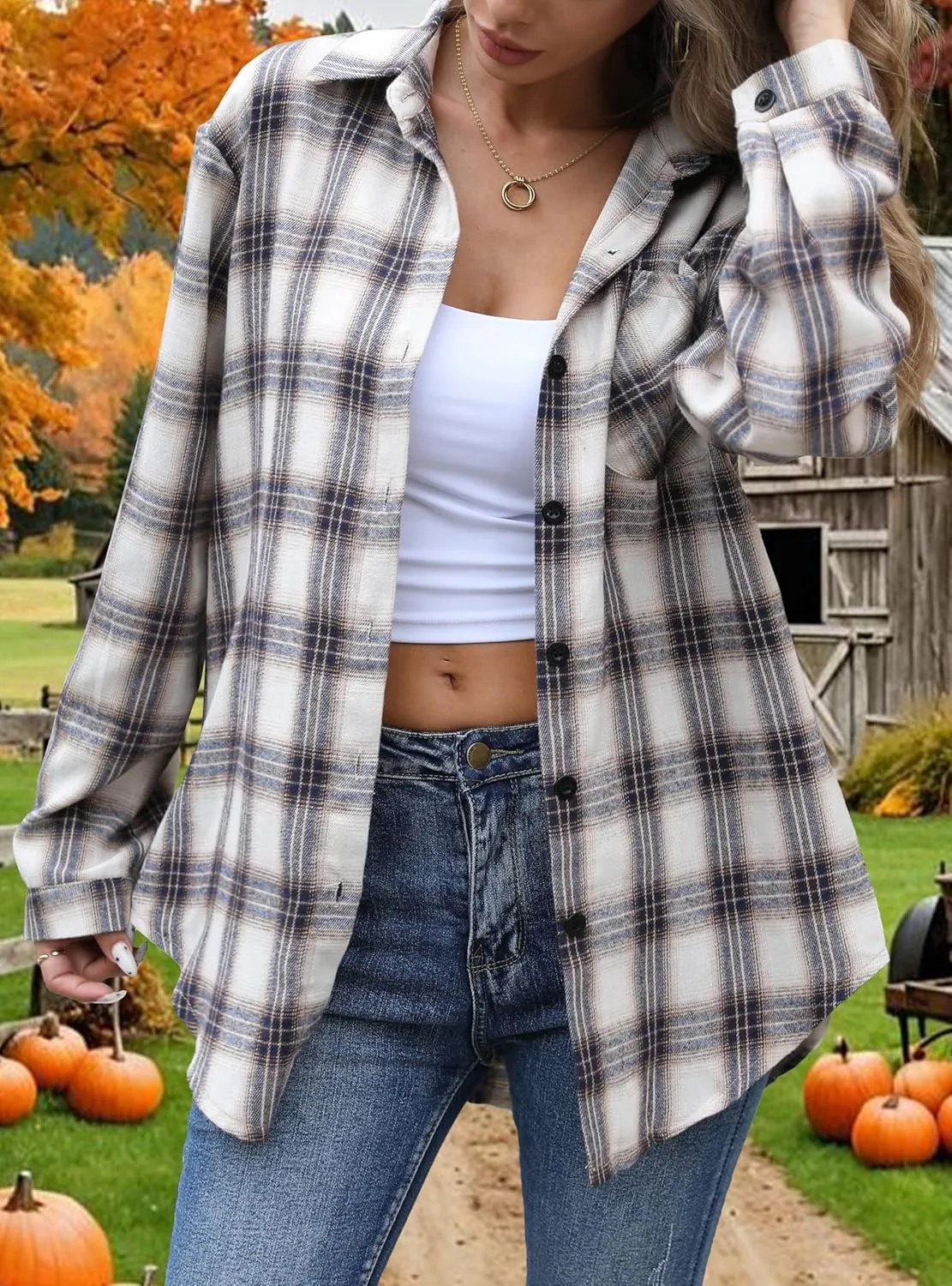 Asiertiy Womens Buffalo Plaid Flannel Shirt Long Sleeve Collar Button Down Blouses Lightweight Tops (S-2XL)