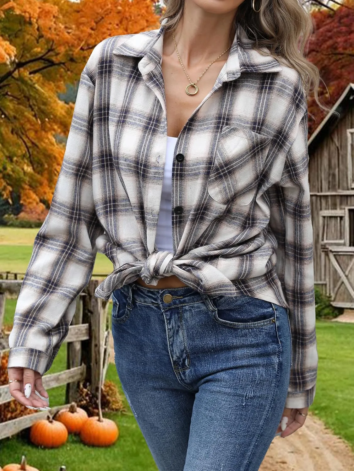 Asiertiy Womens Buffalo Plaid Flannel Shirt Long Sleeve Collar Button Down Blouses Lightweight Tops (S-2XL)