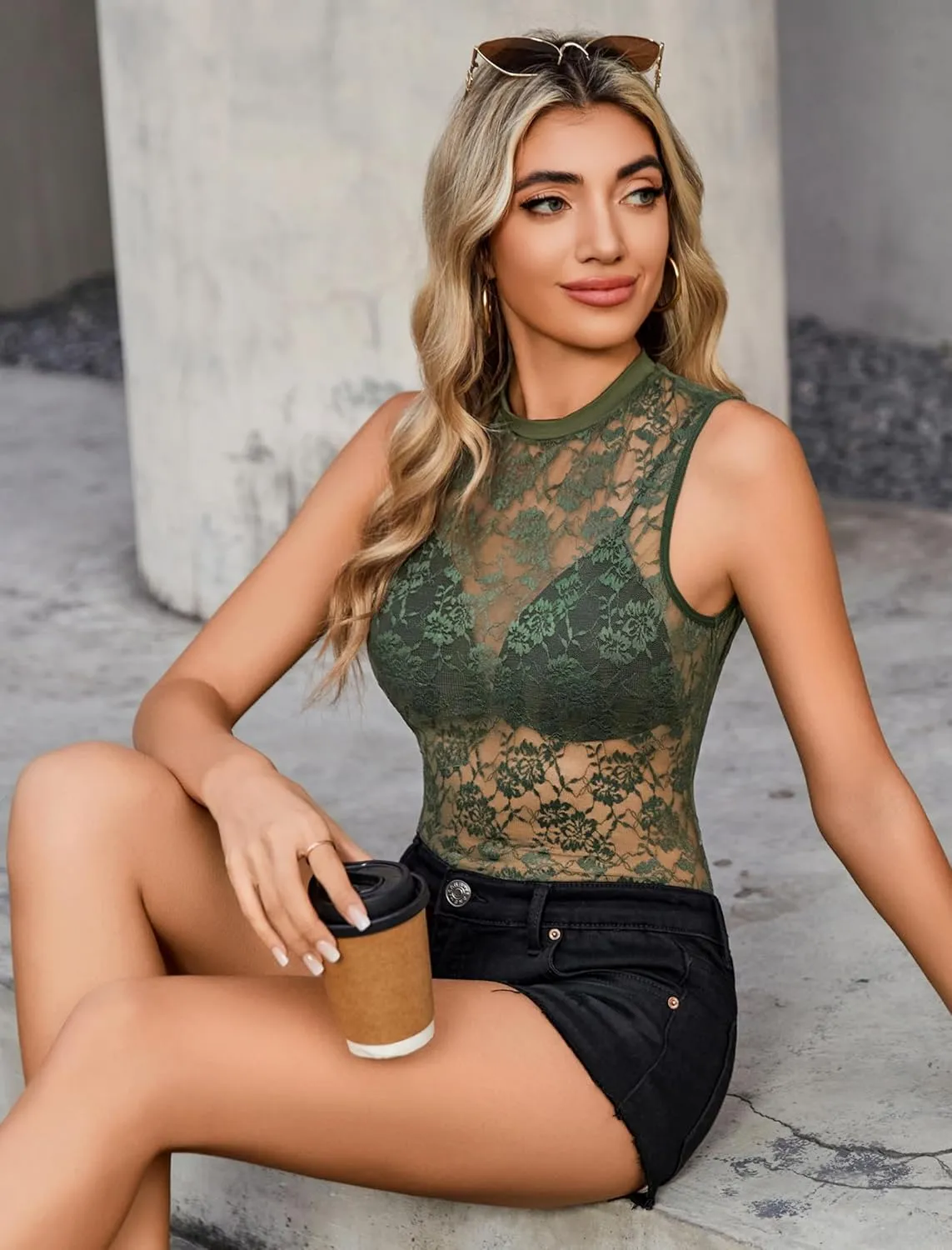 Avidlove Sexy Lace Top for Women Sleeveless Mesh Sheer Tops Mock Neck Lace Floral See Through Tank Blouses Shirts