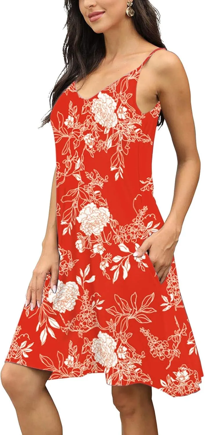BEUFRI Women's Summer Spaghetti Strap Casual Swing Tank Beach Cover Up Dress with Pockets