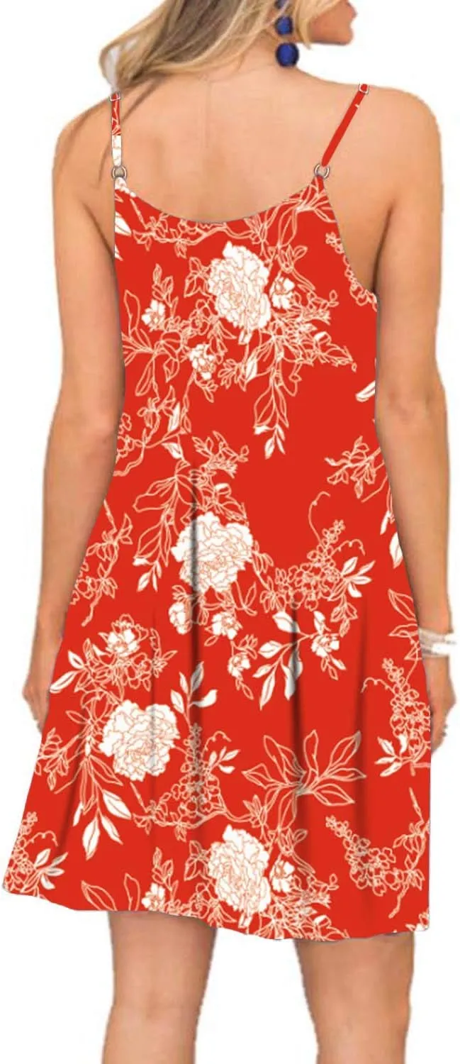BEUFRI Women's Summer Spaghetti Strap Casual Swing Tank Beach Cover Up Dress with Pockets