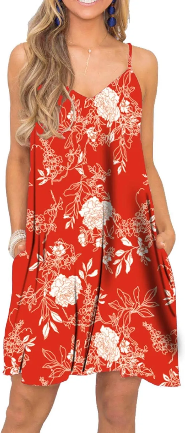 BEUFRI Women's Summer Spaghetti Strap Casual Swing Tank Beach Cover Up Dress with Pockets