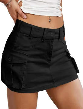 Buauty Women Denim Cargo Skirt Y2K, Mini Low Waist Jean Shirts Bodycon Flap Pockets 2024 Trendy Short