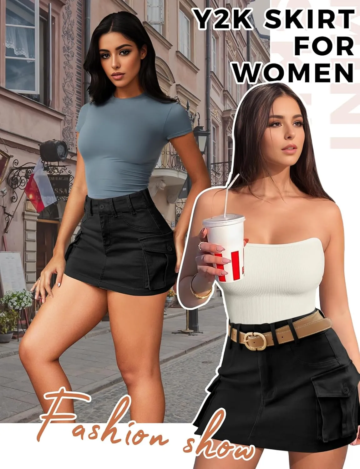 Buauty Women Denim Cargo Skirt Y2K, Mini Low Waist Jean Shirts Bodycon Flap Pockets 2024 Trendy Short