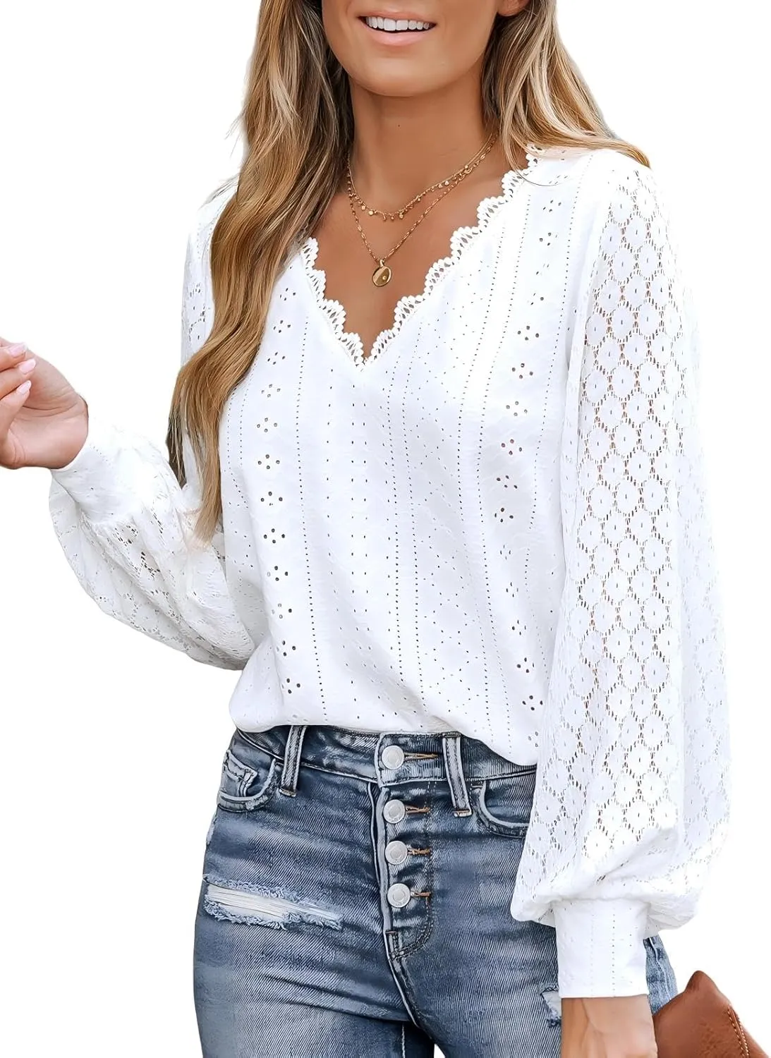 CUPSHE Long Sleeve Tops for Women Eyelet Scalloped Lace V Neck Blouse Casual Loose Fashion Shirts