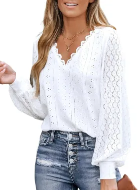 CUPSHE Long Sleeve Tops for Women Eyelet Scalloped Lace V Neck Blouse Casual Loose Fashion Shirts