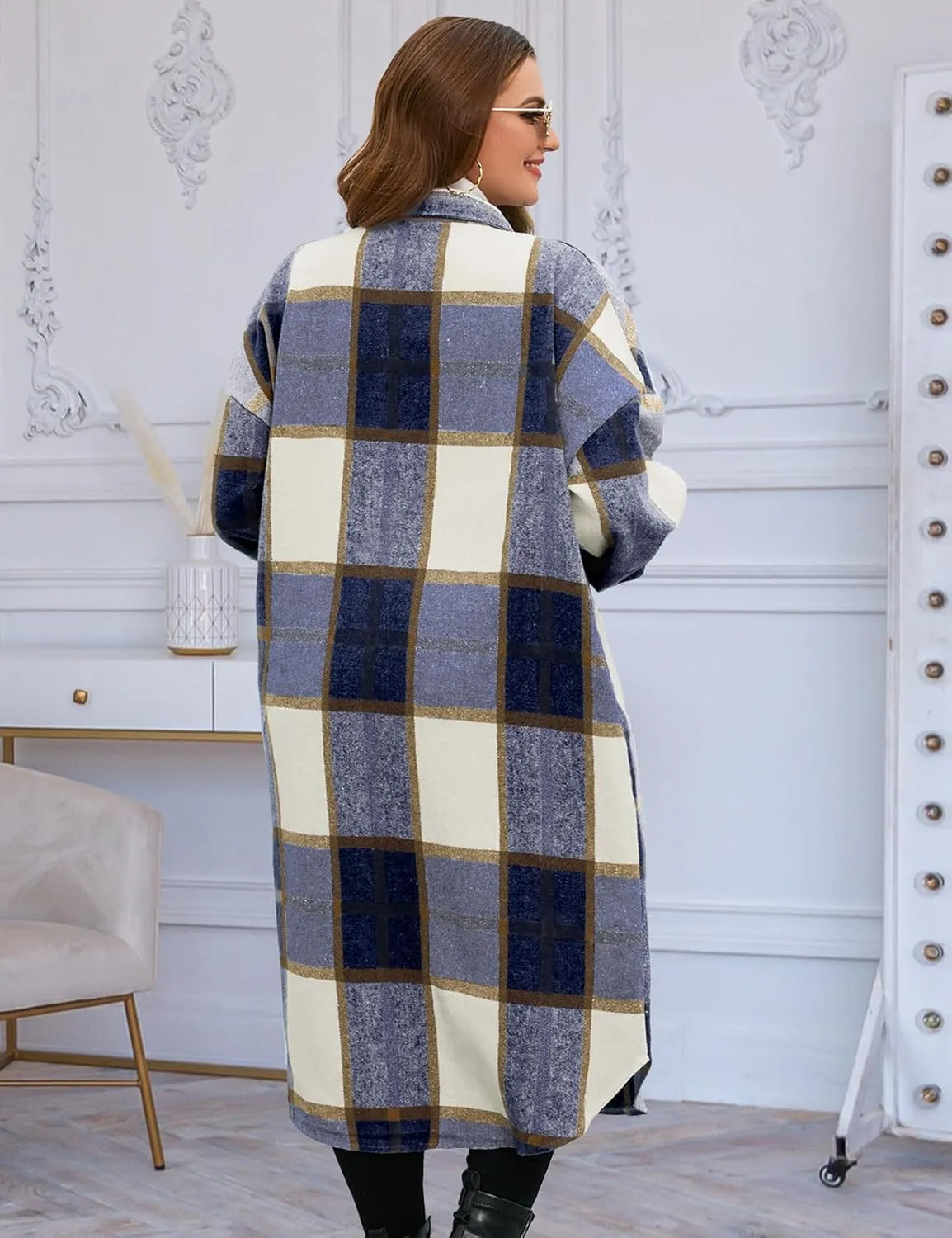 CYCLAMEN 2024 Women's Plus Size 1X-5X Long Flannel Plaid Shacket Jacket Calf-Length Button Down Coat Shirt Pocket Fall Winter