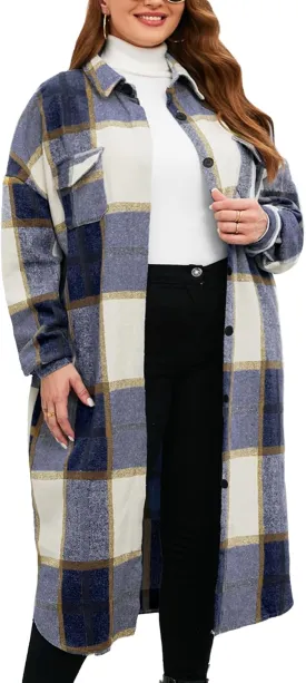 CYCLAMEN 2024 Women's Plus Size 1X-5X Long Flannel Plaid Shacket Jacket Calf-Length Button Down Coat Shirt Pocket Fall Winter