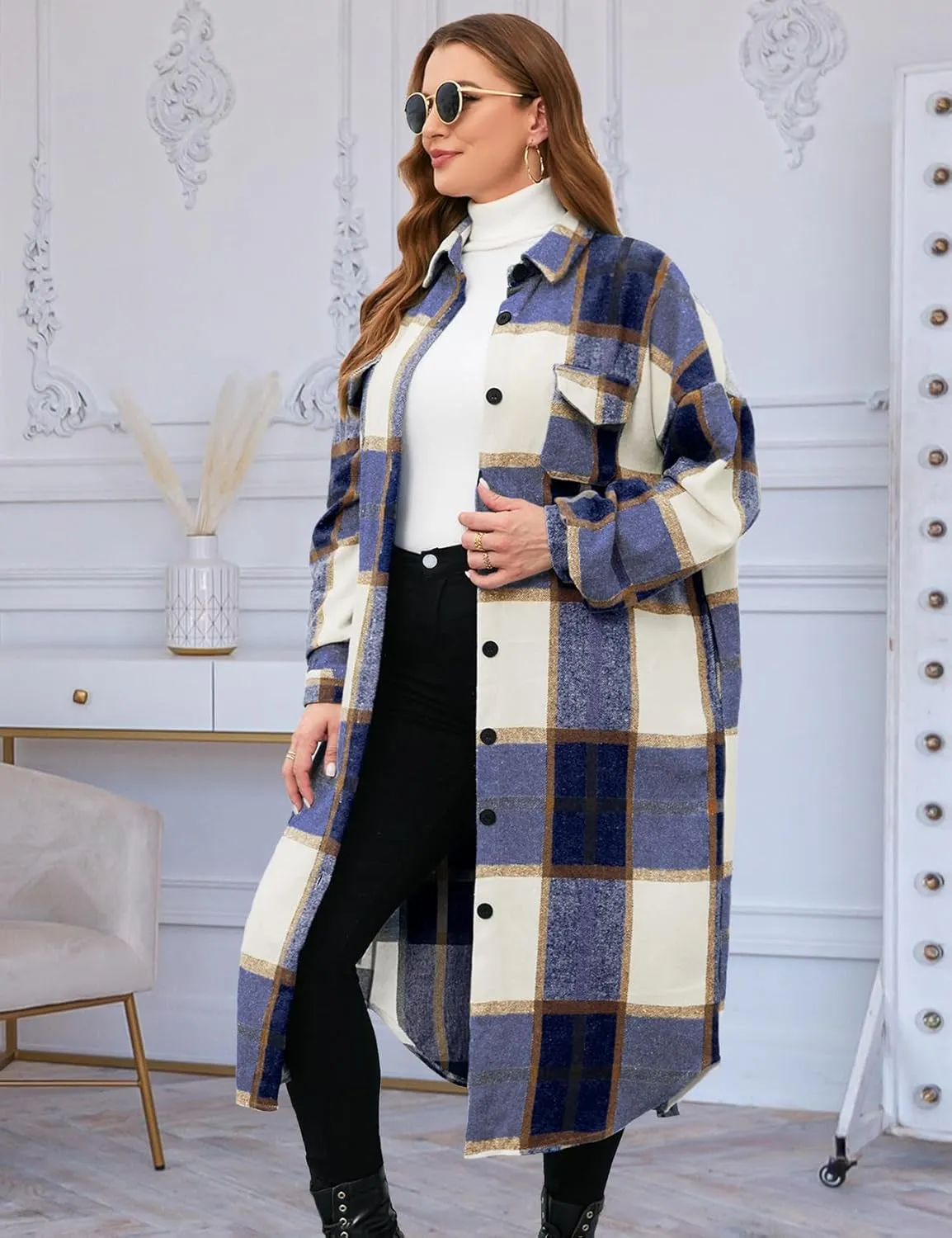 CYCLAMEN 2024 Women's Plus Size 1X-5X Long Flannel Plaid Shacket Jacket Calf-Length Button Down Coat Shirt Pocket Fall Winter