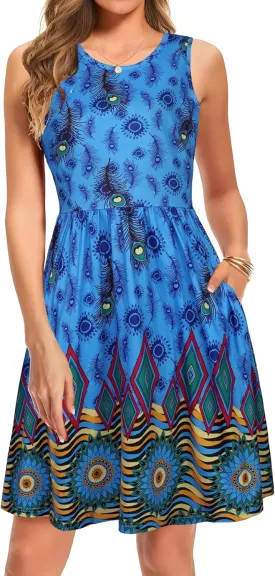 elescat Summer Dresses for Women Casual Sleeveless Tshirt Beach Flowy Tank Sundresses with Pockets
