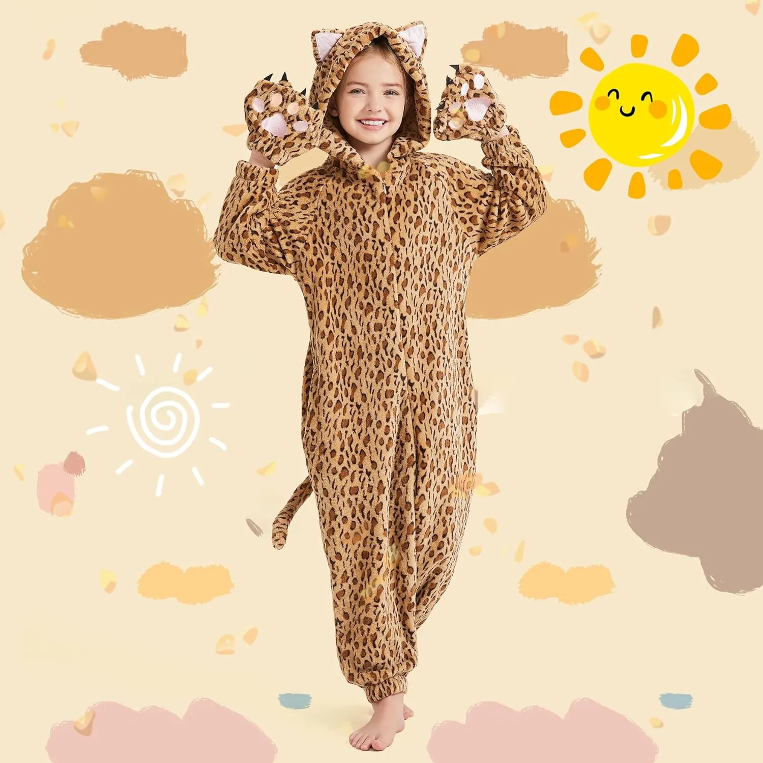 Ezuwail Cheetah Costume Kids Leopard Costume Gloves Mask Cheetah Onesie Bodysuit Cosplay for Girls Boys