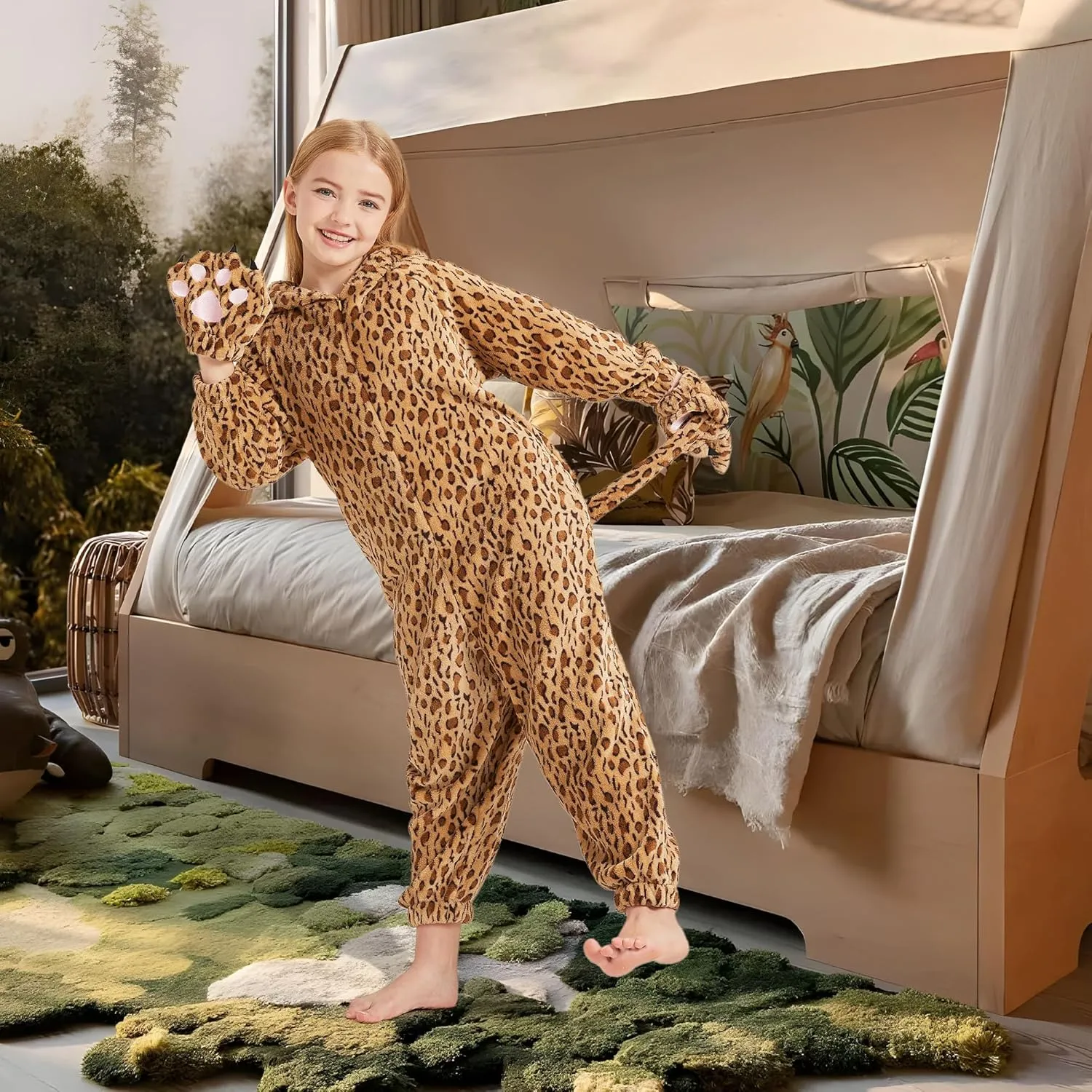 Ezuwail Cheetah Costume Kids Leopard Costume Gloves Mask Cheetah Onesie Bodysuit Cosplay for Girls Boys