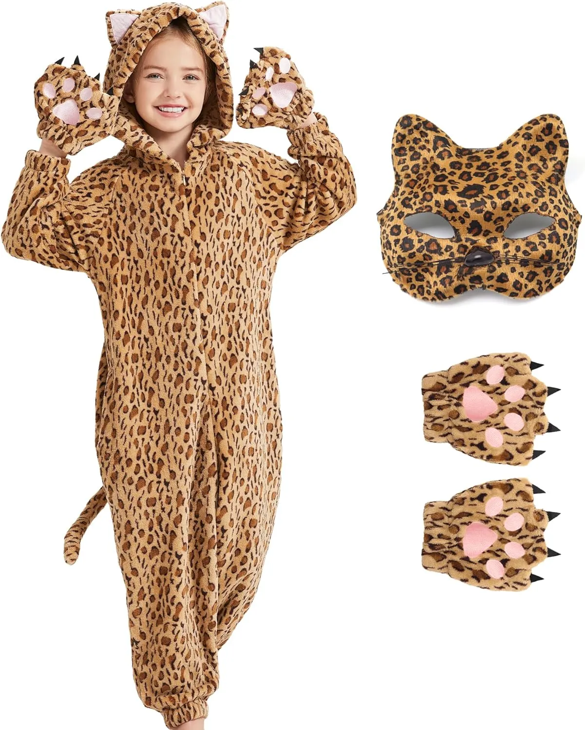 Ezuwail Cheetah Costume Kids Leopard Costume Gloves Mask Cheetah Onesie Bodysuit Cosplay for Girls Boys