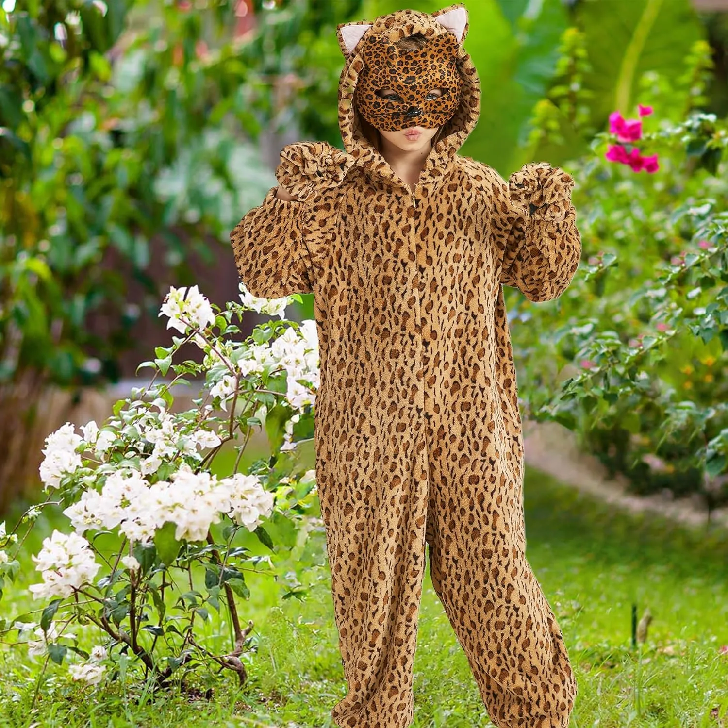 Ezuwail Cheetah Costume Kids Leopard Costume Gloves Mask Cheetah Onesie Bodysuit Cosplay for Girls Boys