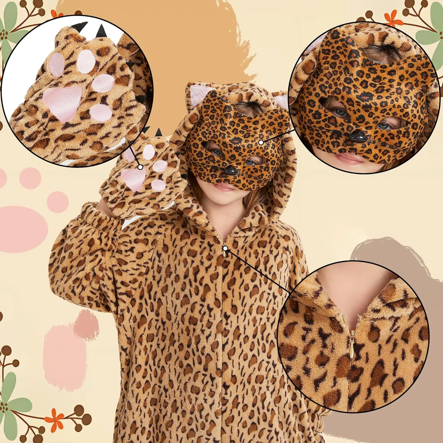 Ezuwail Cheetah Costume Kids Leopard Costume Gloves Mask Cheetah Onesie Bodysuit Cosplay for Girls Boys