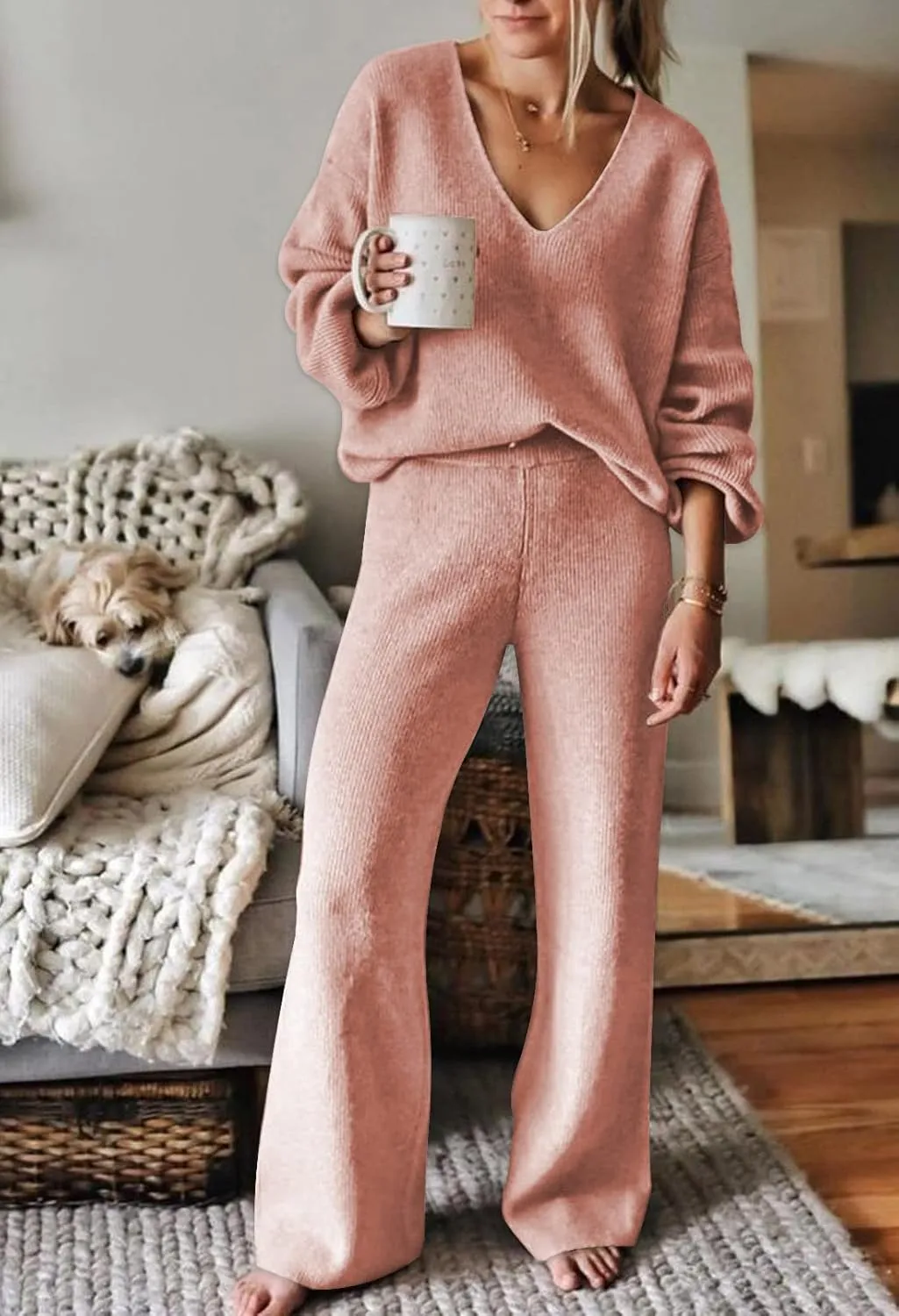 Fixmatti Women 2 Piece Knit Set Long Sleeve Pullover Sweater Top Wide Leg Pant Sweatsuit Outfits