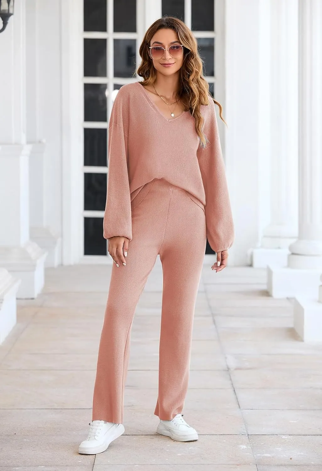 Fixmatti Women 2 Piece Knit Set Long Sleeve Pullover Sweater Top Wide Leg Pant Sweatsuit Outfits