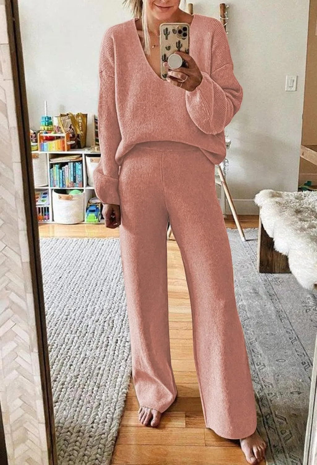 Fixmatti Women 2 Piece Knit Set Long Sleeve Pullover Sweater Top Wide Leg Pant Sweatsuit Outfits