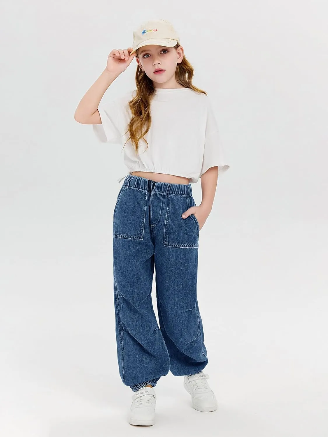 Haloumoning Girls Casual Denim Pants High Waist Jogger Jeans with Pocket 5-14 Years