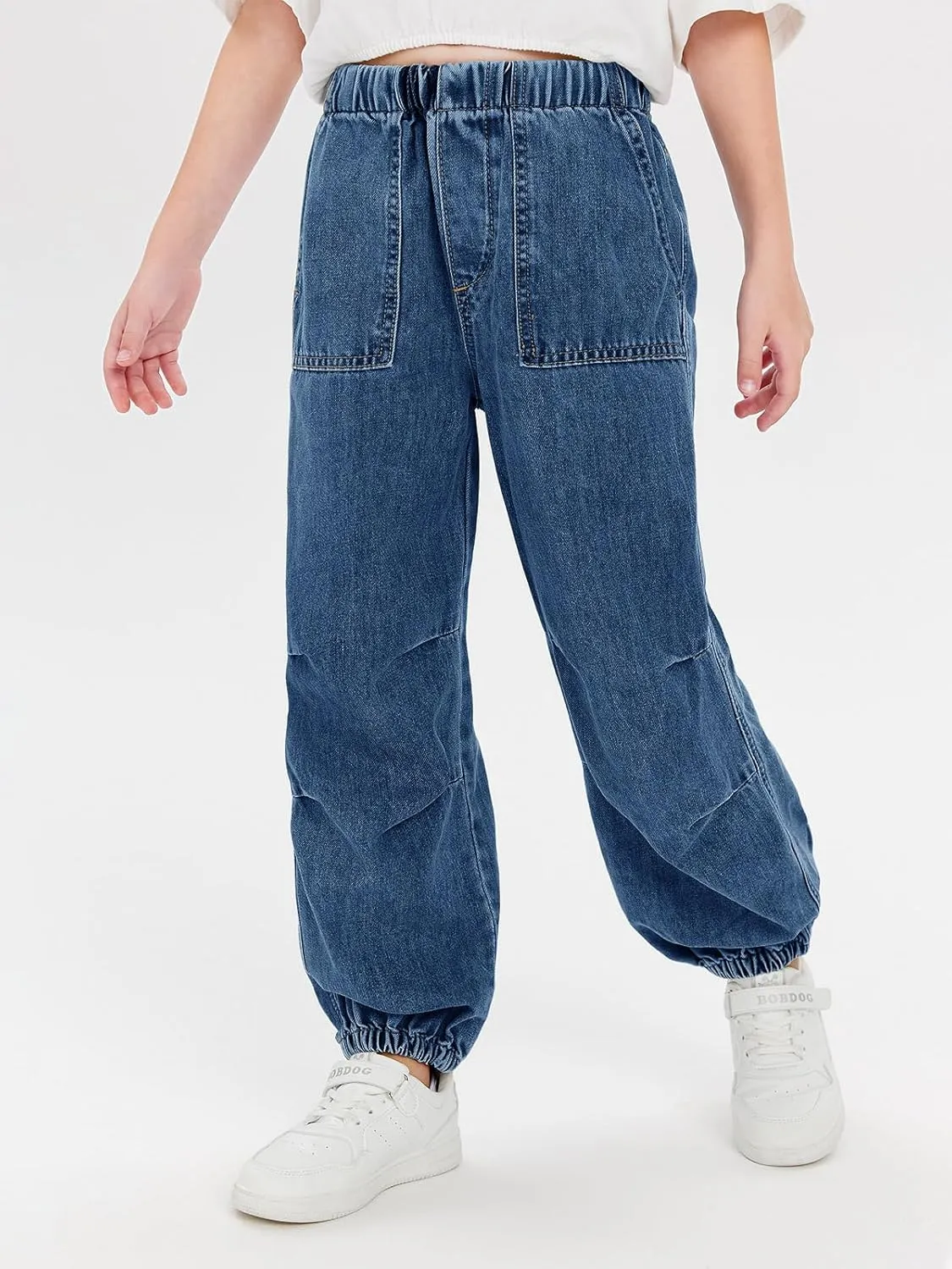 Haloumoning Girls Casual Denim Pants High Waist Jogger Jeans with Pocket 5-14 Years