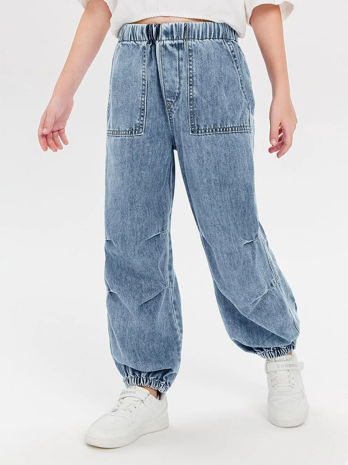 Haloumoning Girls Casual Denim Pants High Waist Jogger Jeans with Pocket 5-14 Years