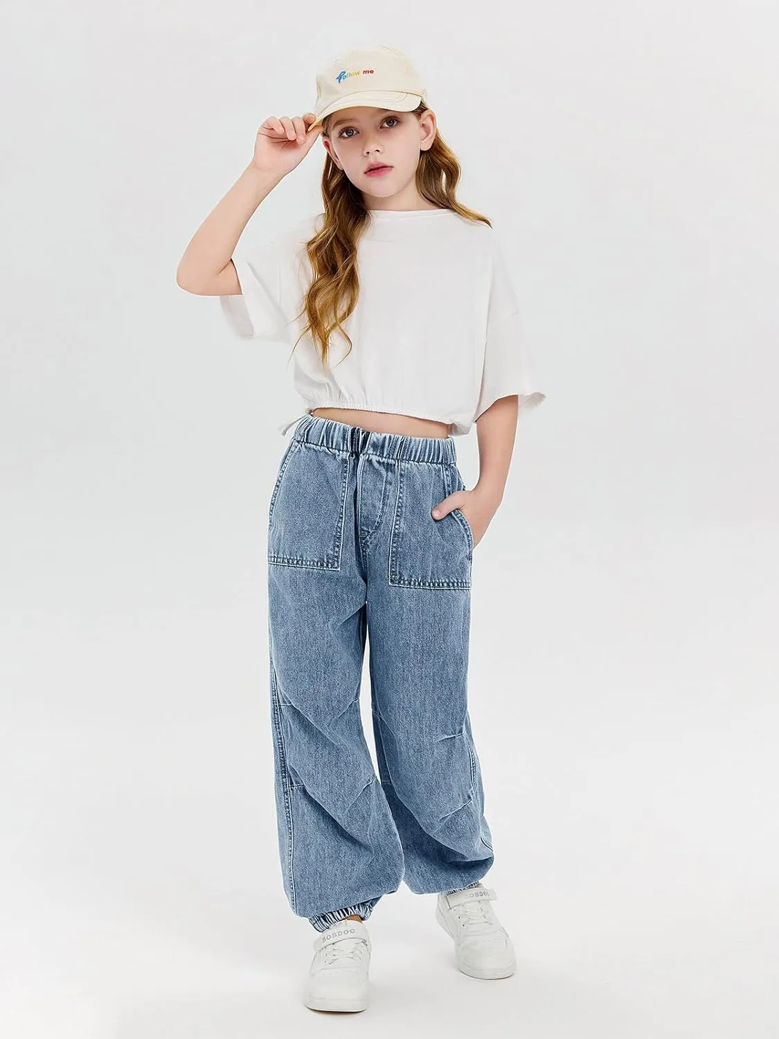 Haloumoning Girls Casual Denim Pants High Waist Jogger Jeans with Pocket 5-14 Years
