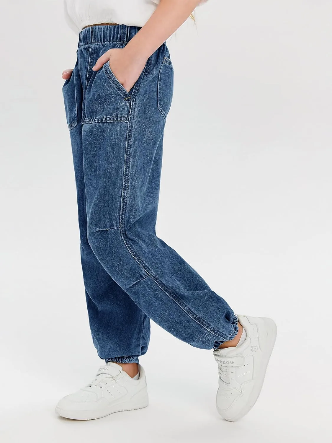 Haloumoning Girls Casual Denim Pants High Waist Jogger Jeans with Pocket 5-14 Years