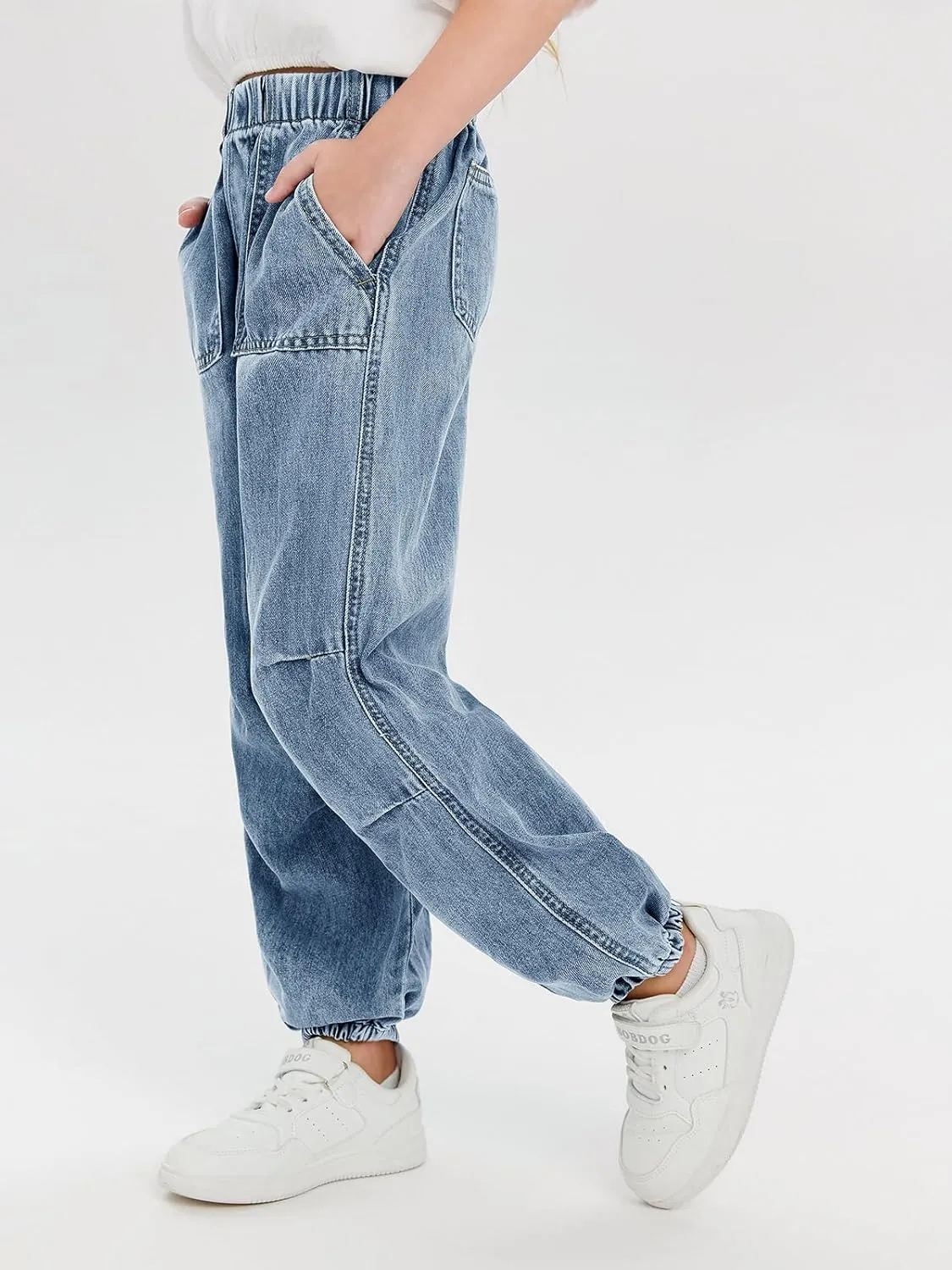 Haloumoning Girls Casual Denim Pants High Waist Jogger Jeans with Pocket 5-14 Years