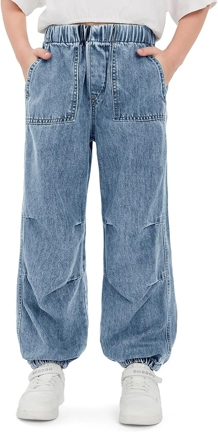 Haloumoning Girls Casual Denim Pants High Waist Jogger Jeans with Pocket 5-14 Years