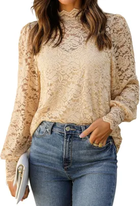 HOTOUCH Womens Lace Tops Sheer Long Sleeve Tops for Women Casual Dressy Blouse Shirt with Camisole 2 PCS Set