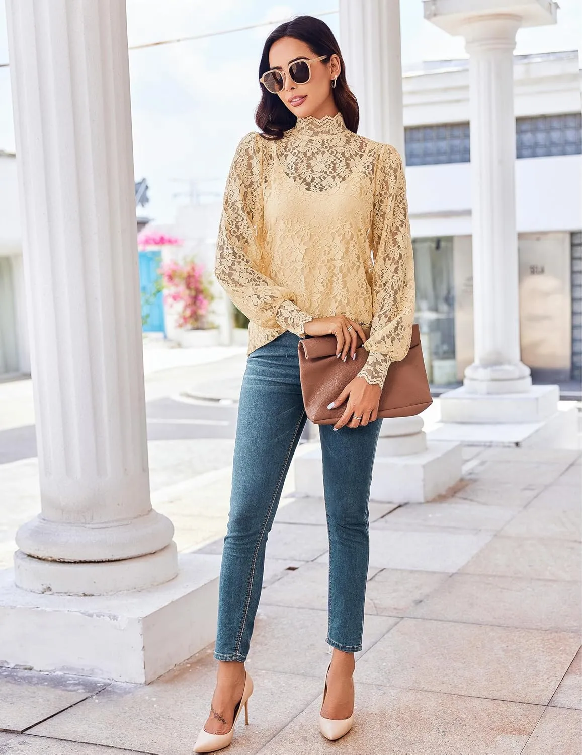 HOTOUCH Womens Lace Tops Sheer Long Sleeve Tops for Women Casual Dressy Blouse Shirt with Camisole 2 PCS Set