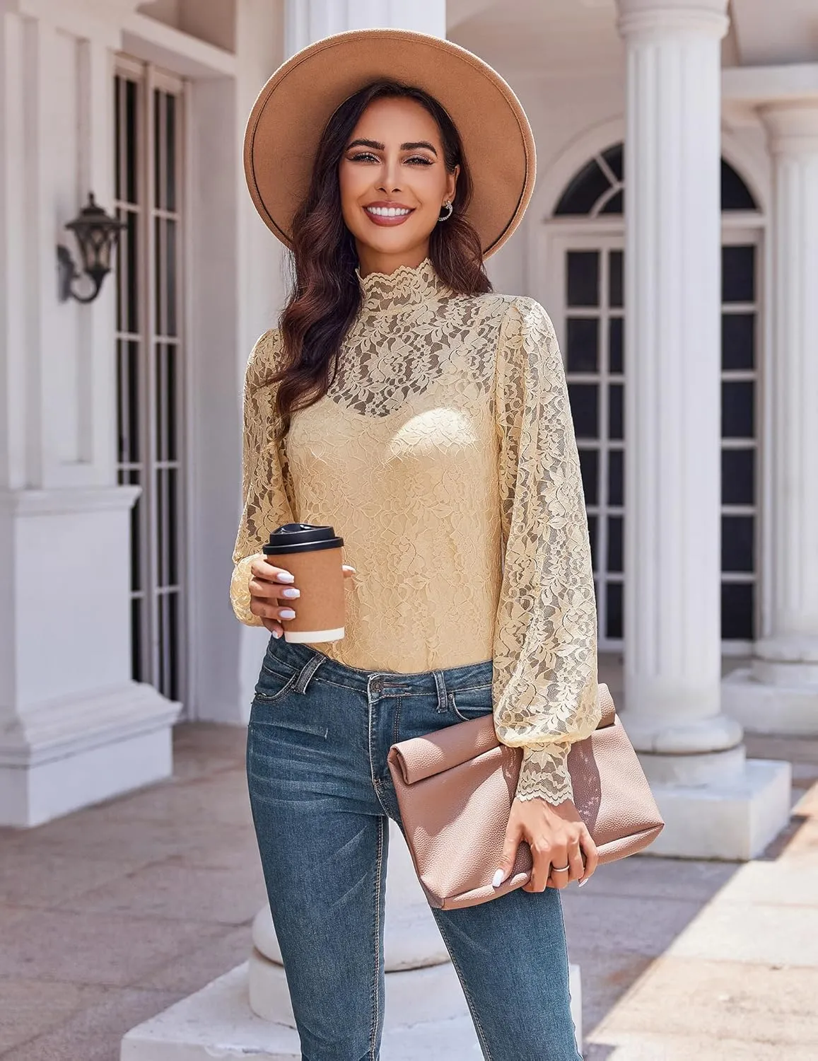 HOTOUCH Womens Lace Tops Sheer Long Sleeve Tops for Women Casual Dressy Blouse Shirt with Camisole 2 PCS Set