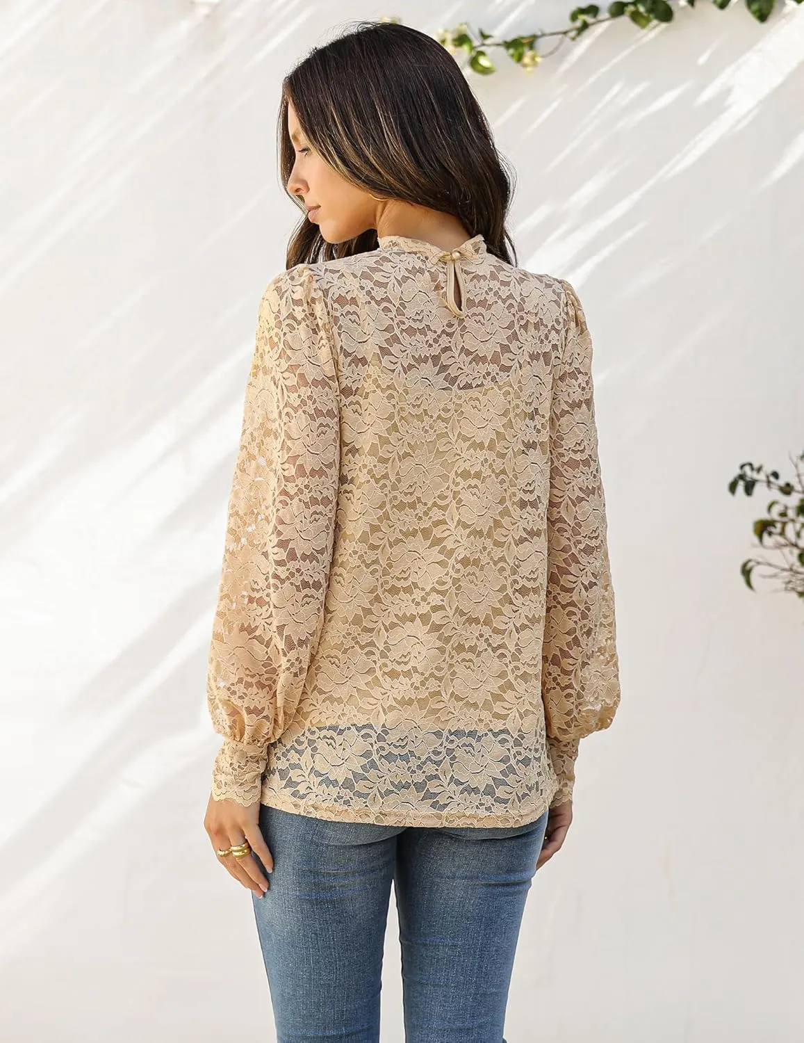 HOTOUCH Womens Lace Tops Sheer Long Sleeve Tops for Women Casual Dressy Blouse Shirt with Camisole 2 PCS Set