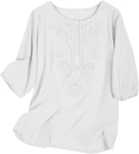 Lmdudan Cotton Linen Embroidered Tops for Women Peasant Shirt Boho Ethnic Style Mexican Blouse 3/4 Sleeve Button Tunic Tshirt