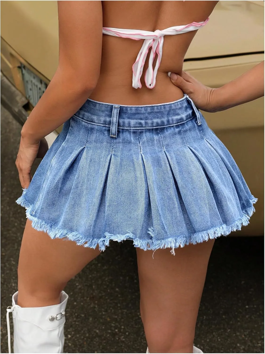 MakeMeChic Women's Pleated Denim Skirt Low Waist Raw Hem A Line Zipper Mini Jean Skirt