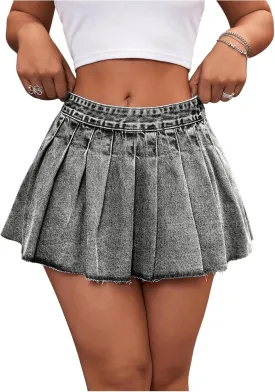 MakeMeChic Women's Pleated Denim Skirt Low Waist Raw Hem A Line Zipper Mini Jean Skirt
