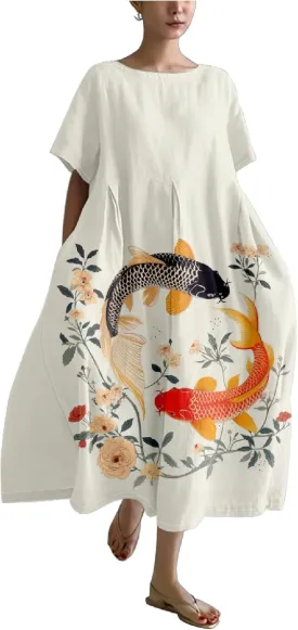 MARSVOVO Japanese Art Dress for Women Vintage Fish Print Short Sleeve Loose Causal Plus Size Summer Dress for Women