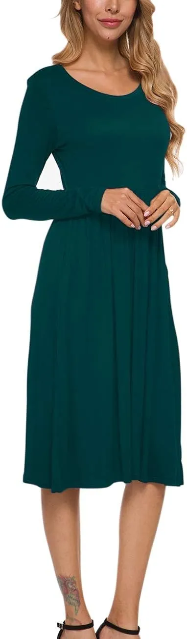 MISFAY Women's Long Sleeve Midi Dress Loose Casual Empire Waist Dresses with Pockets