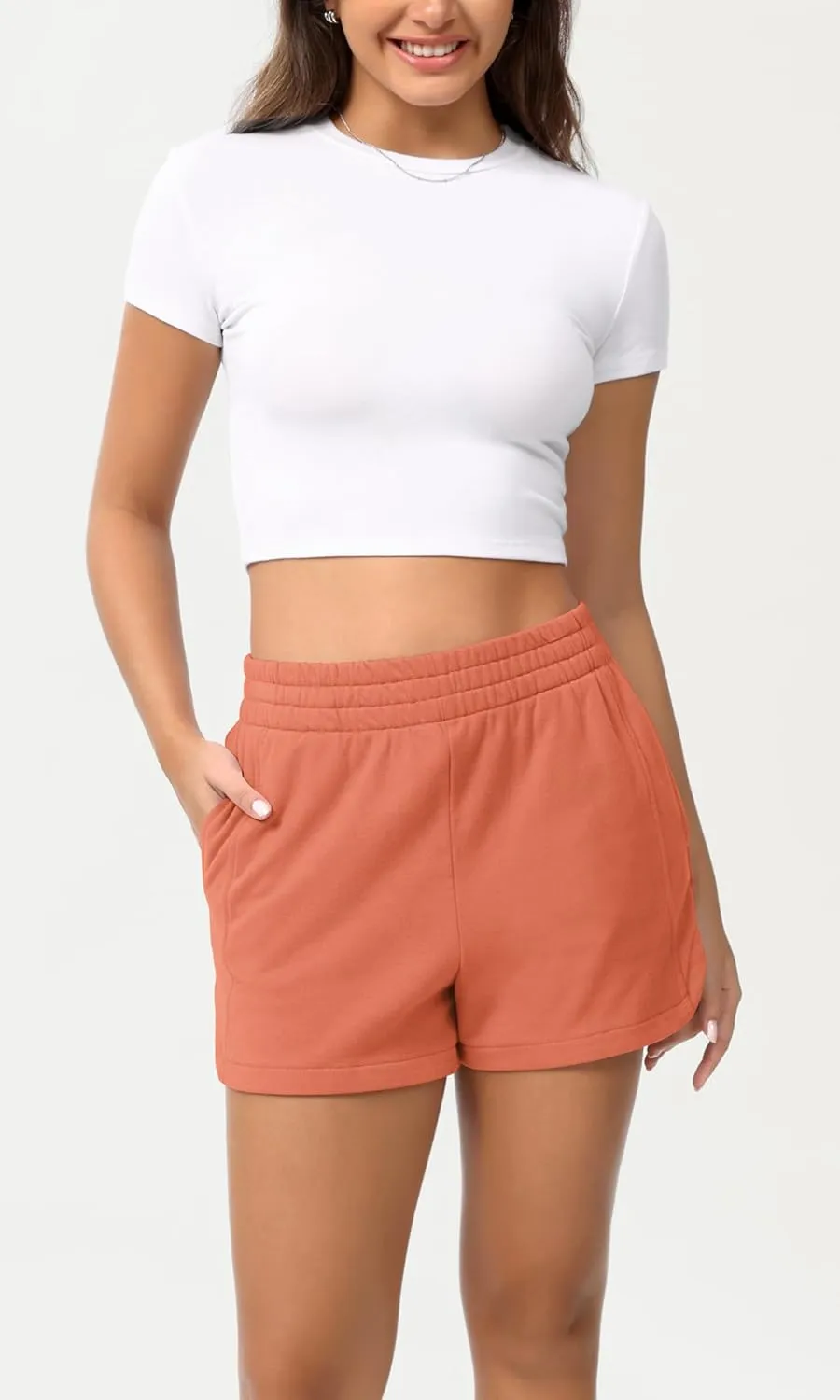 ODODOS Women's Sweat Shorts Cotton French Terry Curved Hem Workout Casual Relaxed Lounge Shorts with Pockets