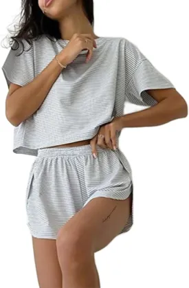 Remidoo Women's Striped Tee Shirts and Shorts Pajamas Set Side Slit Crewneck Loungewear