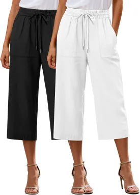 Riyiper 2 Pcs Women's Cotton Linen Wide Leg Capri Pants, Drawstring Casual Cropped Trousers Loose Palazzo Pants with Pockets
