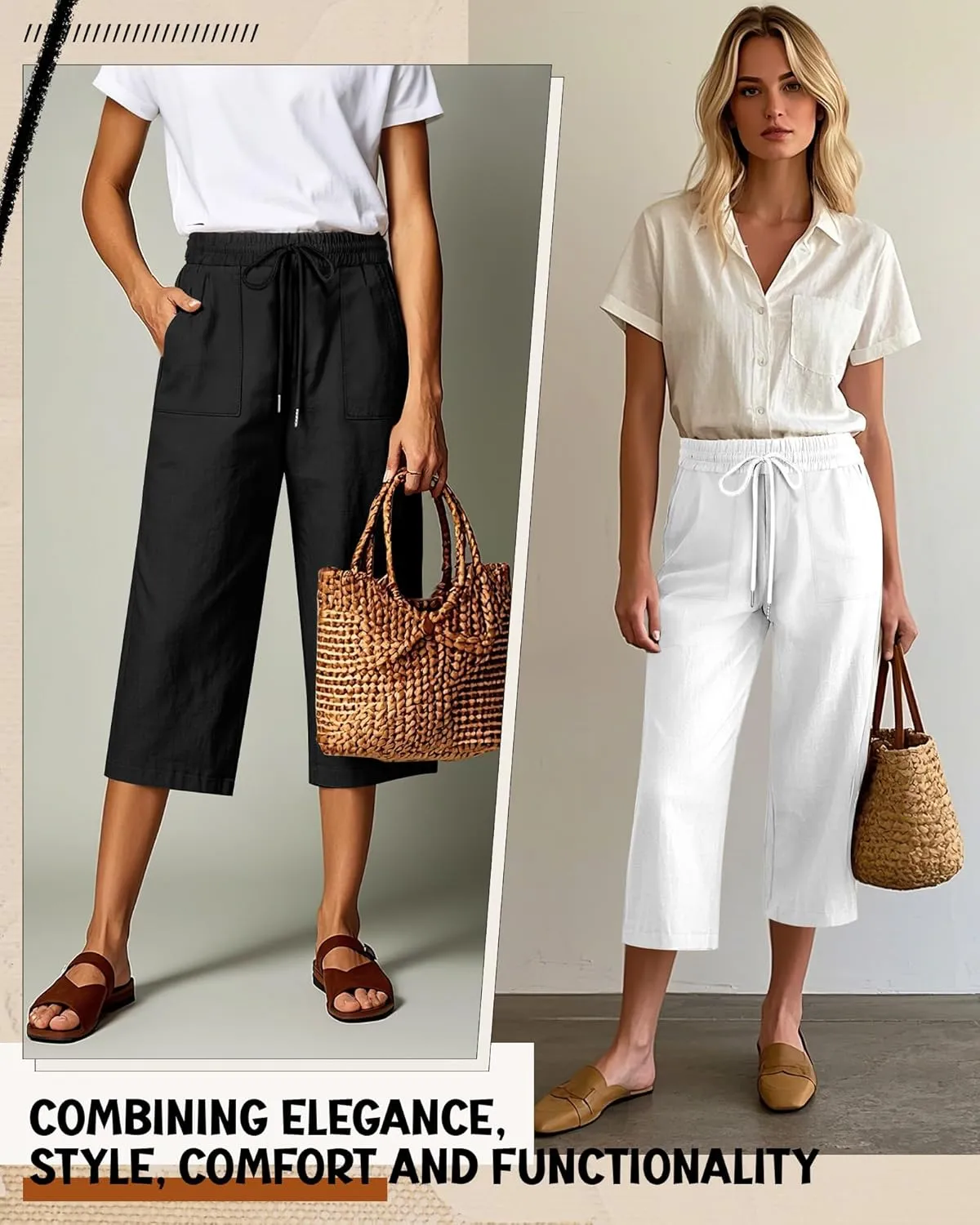 Riyiper 2 Pcs Women's Cotton Linen Wide Leg Capri Pants, Drawstring Casual Cropped Trousers Loose Palazzo Pants with Pockets