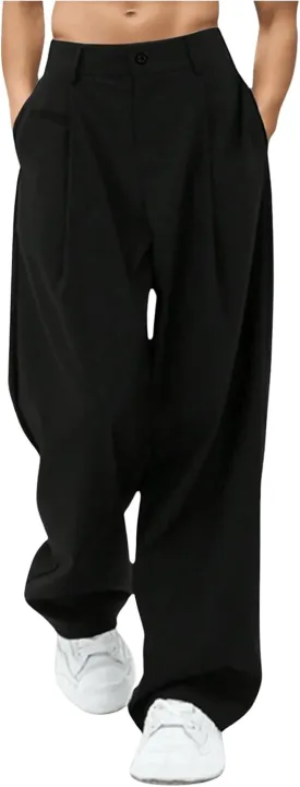 SHENHE Men's Pleated Low Waist Suit Pants Office Work Wide Leg Loose Long Pants with Pocket