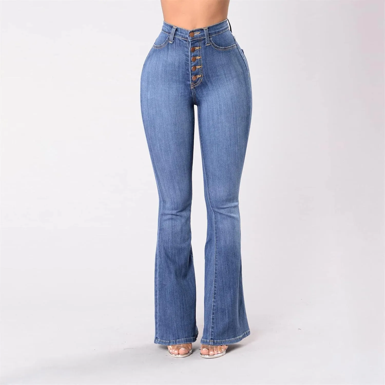 Soluo Women's Butt Lifting Flare Jeans Stretchy High Rise Bell Bottom Bootcut Jean Shaping Pull-on Button Push Up Denim Pants