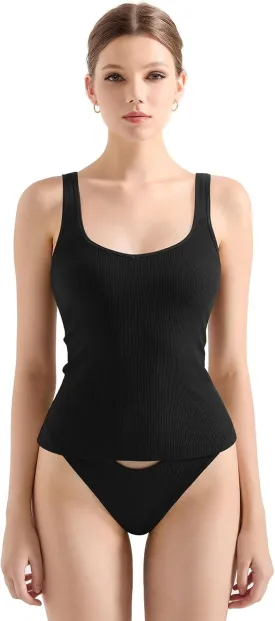 SUUKSESS Women Cotton Ribbed Built in Bra Tank Tops Summer Casual Basic Top