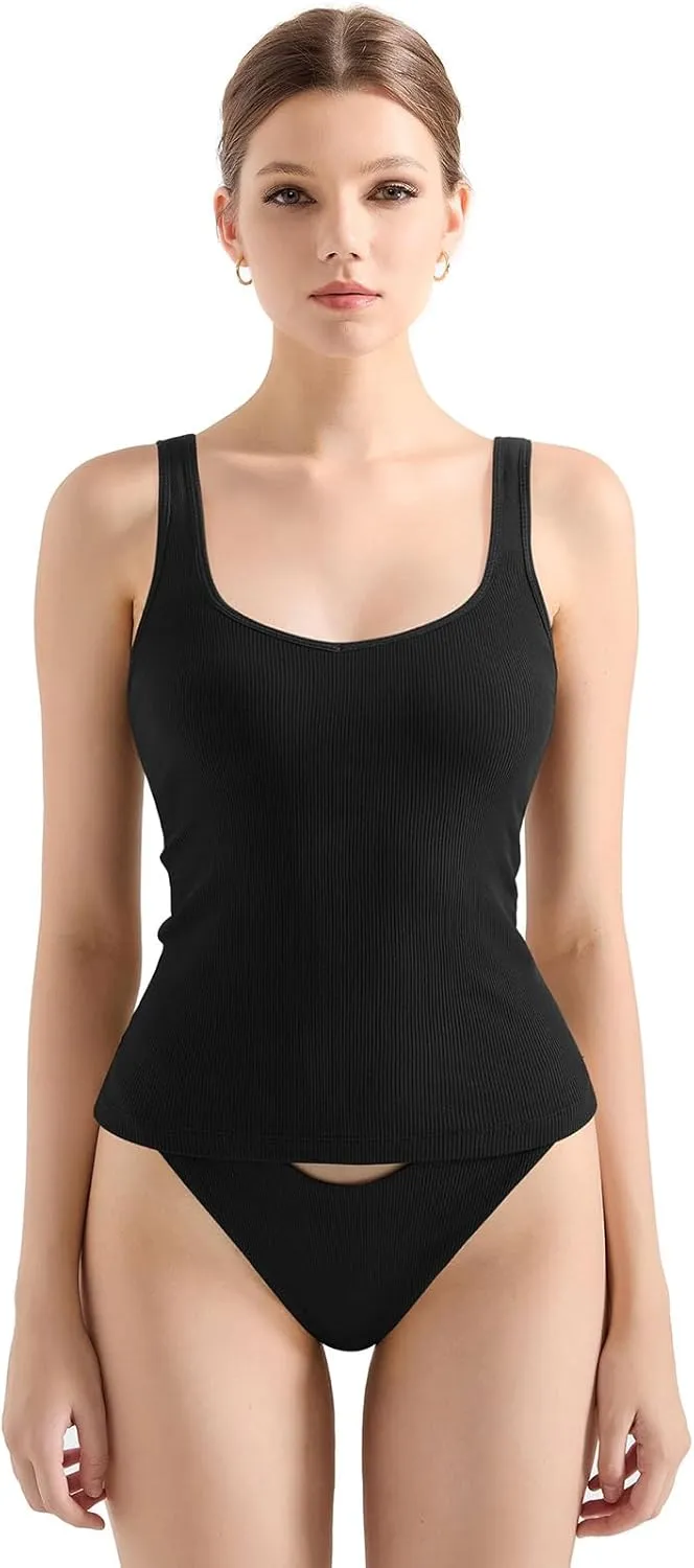 SUUKSESS Women Cotton Ribbed Built in Bra Tank Tops Summer Casual Basic Top