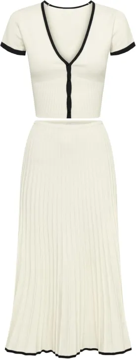 Tanming Women's Two Piece Skirt Set Casual Short Sleeve Crop Top Ribbed Knit Midi Pleated Skirt